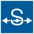 Quadratisches Icon mit weißem Pfeil, welcher in zwei Richtungen zeigt und dem Buchstaben "S"